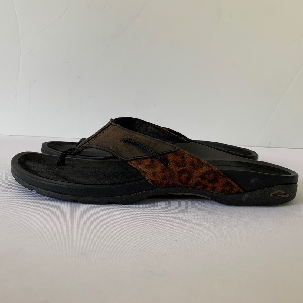 Abeo Sandals Women 9 Flip Flop Brown Animal Print Leopard Suede Orthotic Support